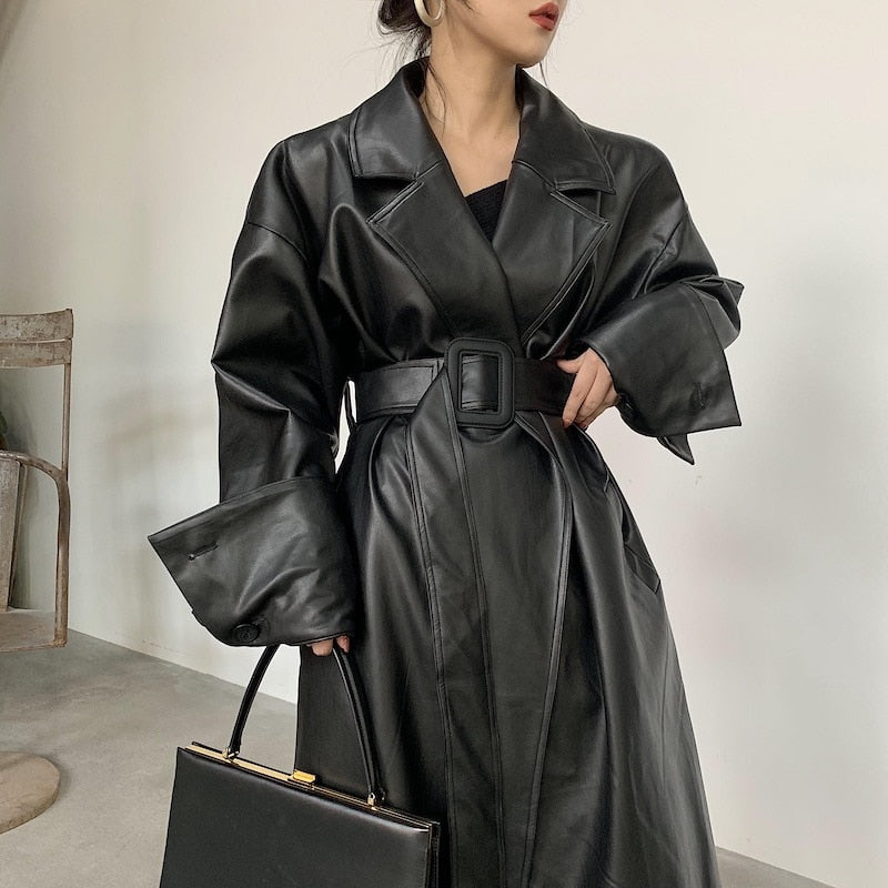 Llyge Long oversized leather trench coat for women long sleeve lapel loose fit Fall Stylish black women clothing streetwear
