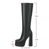 Llyge Plus Size 43 Women Knee High Boots Platform Thick High Heel Ladies Motorcycle Boots PU Leather Side Zipper Square Toe Women Boot