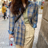 Llyge New 2022 Autumn Winter Women's Blazers Oversize Plaid Buttons Pockets Jackets Notched Vintage Checkered Tops Korean