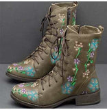 Llyge Woman Ankle Boots Embroidery Big Size 43 Flower Boots 2023 Women Autumn Winter Lace Up PU Leather Female Footwear Ladies Shoes