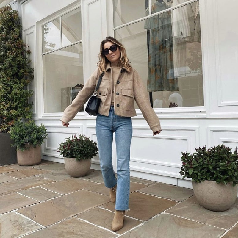 Woman Casual Camel Loose Short Woolen Shirt Jacket 2023 Autumn Female Solid Pocket Jackets Ladies Basic Single Breasted Outwear