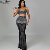 Llyge Sparkle Rhinestone Studded Crop Top And Maxi Skirt Two-Piece Set Glam Sheer Mesh Crystal Set Party Club Outfits