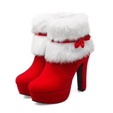 Llyge Winter Women Boots Christmas Ankle Boots High Heels Ladies Shoes Femme Warm Short Boots Red Black Shoes Plus Size 35-43