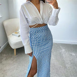 LLYGE 2023 Spring Casual Woman Blue Plaid Irregular Slit Skirt Female Sweet Folds Mid-calf Skirts Ladies Chic Slim Zipper Skirt