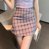 Llyge Women Mini Skirt A Line Purple Plaid Skirt Female High Waist Bag Hip Short Skirt Korean Street Wear Fashion Summer New