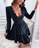 Llyge 2023 Autumn Women Fashion Elegant Casual V Neck Buttoned Sweet Mini  Solid Dress Solid Long Sleeve Lace Skinny Waist Dress