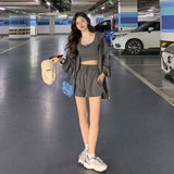 Llyge 2023 New Sports Suit Women Korean Sports Bra Vest Leisure Hooded Long-Sleeved Jacket Drawstring Wide-Leg Shorts Girl Three-Piece Suit