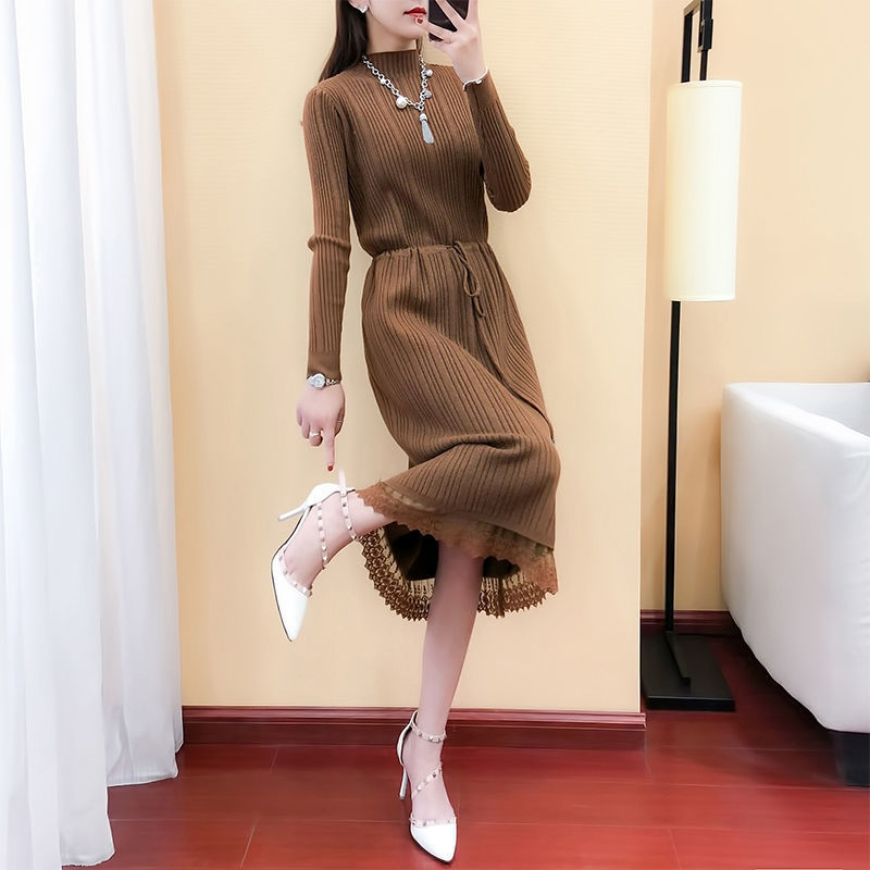 Llyge Black Brown Elegant Lace Vintage Casual Fashion Korean Sweater Dress Women Winter  Knitted Woman Bodycon Maxi Long Loose