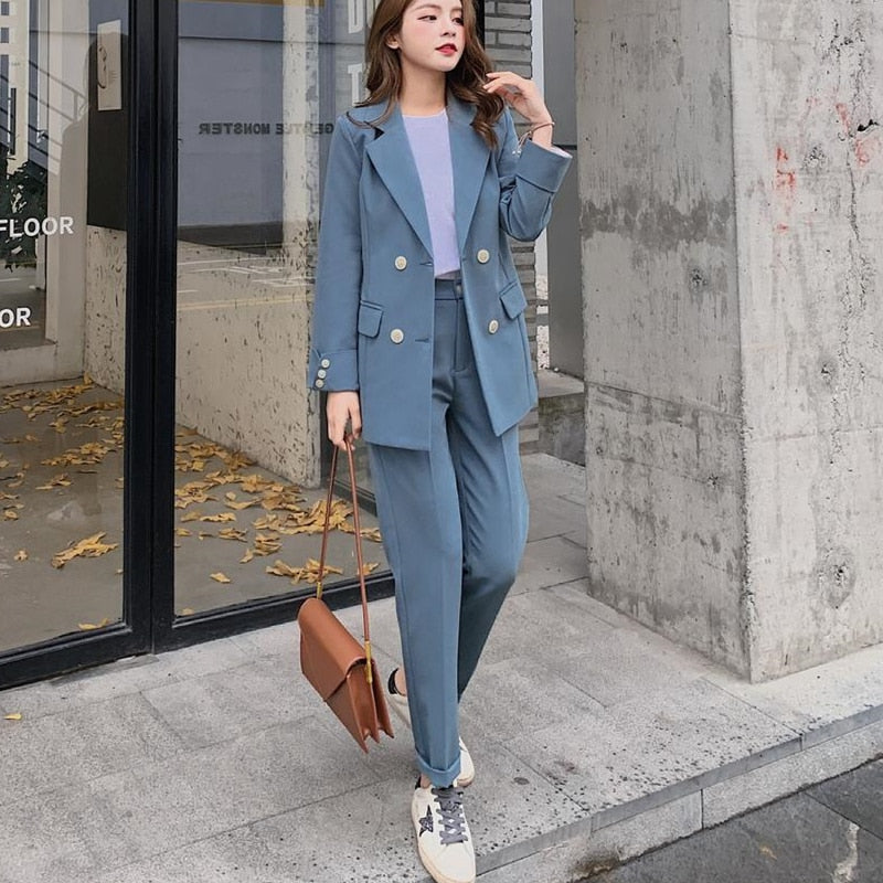 Casual Solid Women Pant Suits Notched Collar Blazer Jacket & Pencil Pants Female Suit Spring Autumn High Quality
