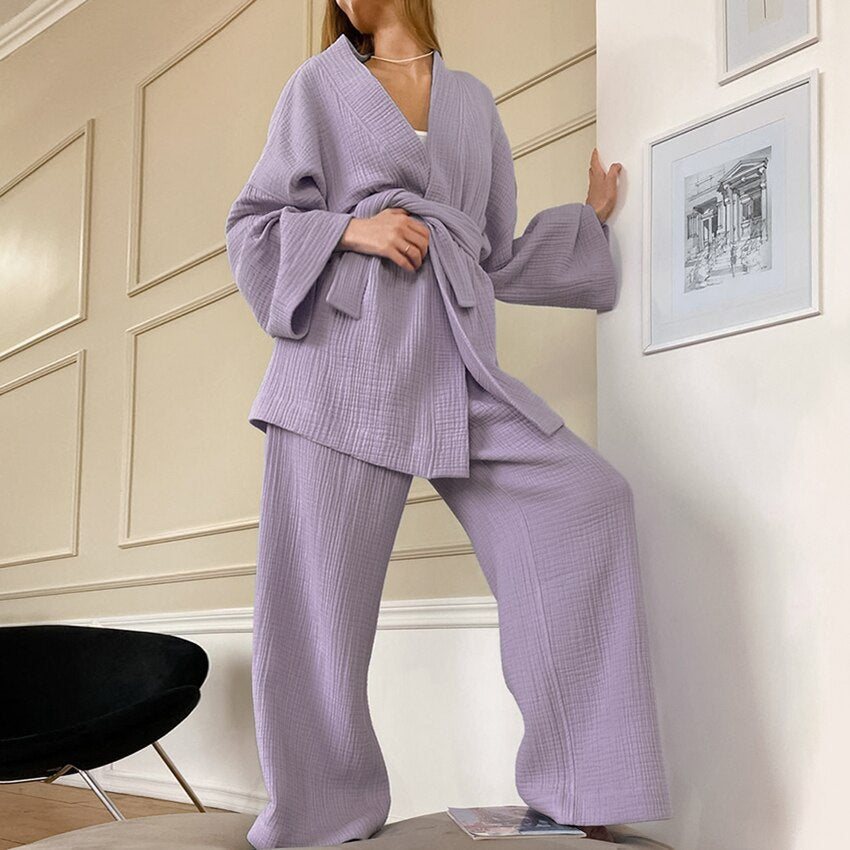 Llyge Cotton Women's Nightgown 2 Pieces Set Drop Sleeves Robe Trouser Suits Flare Female Pajamas Summer Bathrobe For Woman 2022