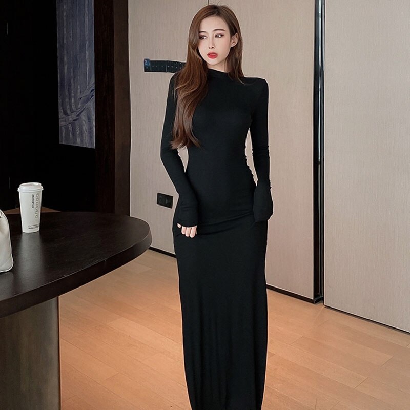 Llyge  2023 Korean Women's Slim  Split Fork Temperament Dresses  Autumn Winter New Turtleneck Thin Long Skirt Ladies Prom Dress 9 Kl