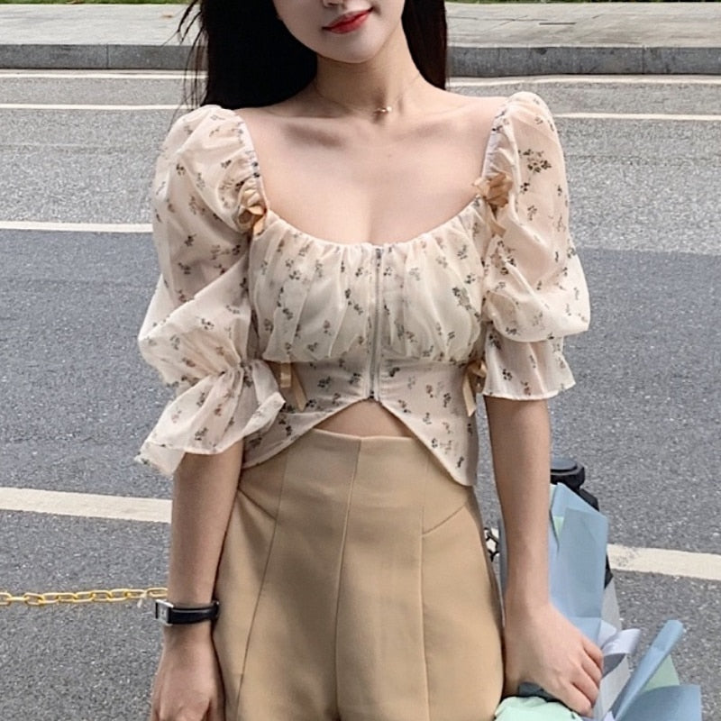 Llyge  Graduation Party Puff Sleeve Floral Chiffon Blouses Women Summer Short Korean Design Fairy Shirts Tops Casual Chic Evening Party Y2k Clothes 2023