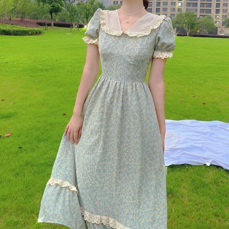 Llyge  Graduation Party Elegant Floral Fairy Midi Dress Women Sweet Print French Casual Vintage Party Dresses Beach Lace Kawaii Dress for New Year 2022