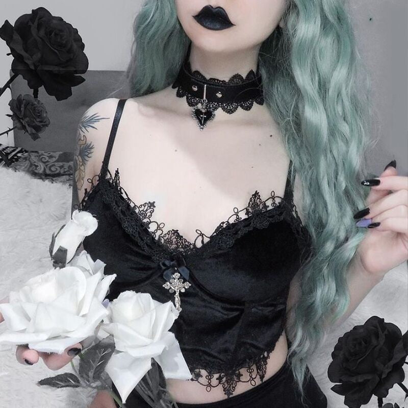 LLYGE Velvet Y2K Mall Goth Crop Tops  Black Lace Trim Emo Alternative Aesthetic Crop Tops Women Backless  Strap Tanks
