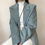 Llyge Korea Stylish Blazer  Corduroy Solid Blue Lapel Suit Jacket Turndown Collar Single Breasted Women Casual Oversized Blazer