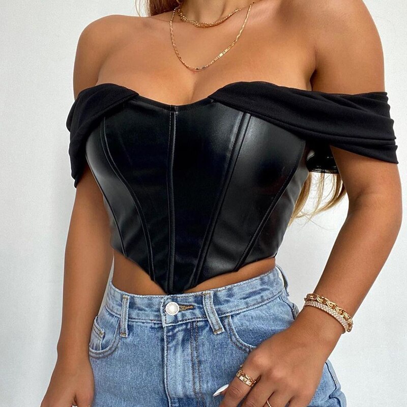 Llgye 2023 New PU Leather  Blouse Shirts Women Summer Off Shouder Back Zipper Slim Crop Tops  Club Punk Tops And Blouse Female