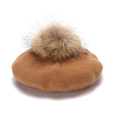 LLYGE 100% Real Raccoon Fur Pompom Beret Hat For Women Vintage Artist Wool Berets Lady Fashion Elegant Pom Pom Painter Hat