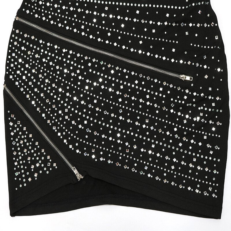 Llyge Glam Black Rhinestones Single Shoulder Zippers Mini Dress Womens Sequins Party Dress Birthday Outfits Clubwear
