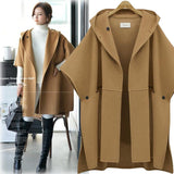 llyge  2023  Bat Sleeve Cloak Woolen Coat Plus Size 5XL Europe America Loose Secret Button Hooded Womens Mid-length Fashion Femmes Manteaux