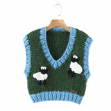 Girls Y2K Green Patchwork Knitted Short Vest Spring Cute V Neck Cropped Knitwear Female Fashion Crochet Vests