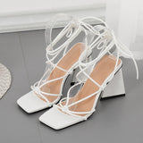 LLYGE New Summer Blue White Women Sandals Fashion Cross-Tied Strange High Heels Shoes  Lace-Up Party Pumps Shoes Size 41 42