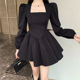 Llyge  2023  French Vintage Women Square Collar Puff Sleeve Black Dress 2023 Female Temperament Fashion Ball Gown Long Sleeve Office Dresses