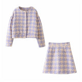 Llyge Woman Sweet Purple Loose Houndstooth Coat Suits 2023 Autumn Female High Waisted Plaid Skirt Suit Ladies Skirts Matching Sets
