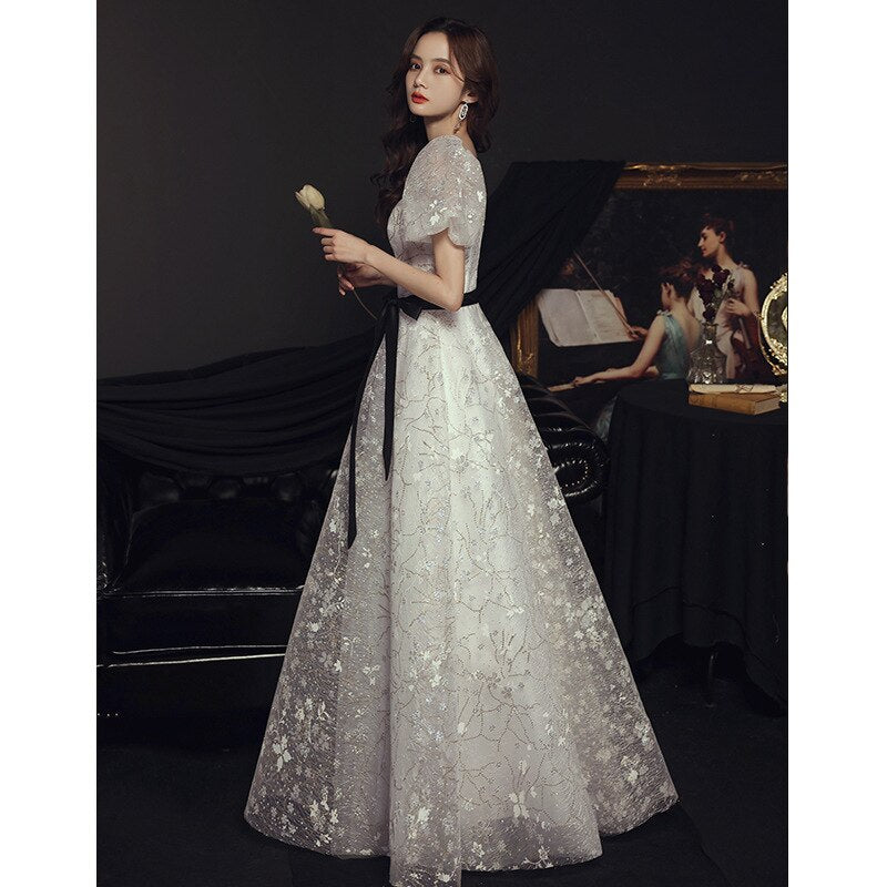 Llyge 2023 Elegant New White Evening Dresses Square Collar Gold Glitters Floral Print Banquet Gowns Puff Sleeves Princess Dress Vestidos
