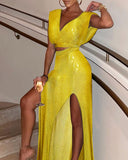 Llyge  Women Summer Party Wear  Glitter V-Neck Sleeveless Yellow Midi Long Maxi Dress Fashion Streetwear Night Club Robes Ball Gown