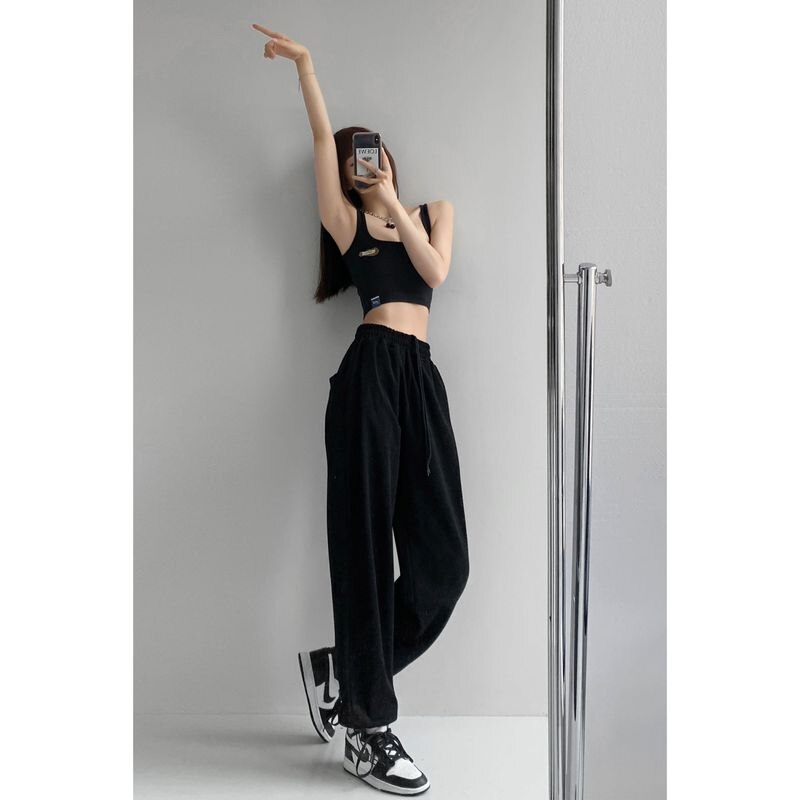 Llyge 2023 High-waist Sweatpants Women Streetwear Drawstring Oversized Elastic Waist Wide-Leg Summer Thin Gray Loose Baggy Sports Pants