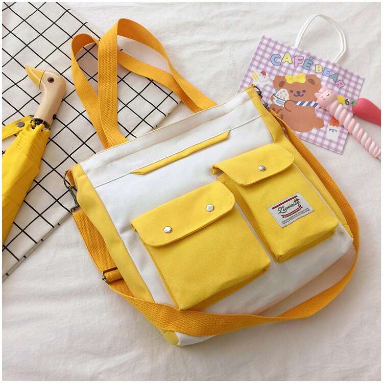 Llyge 2023 Women's Double Pocket Canvas Bag Fashion Trend Single Shoulder Bag with Lid Zipper Messenger Bag Tote Bag Student Tuition Bag