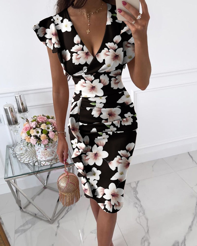 Llyge 2023 Summer Women V Neck Ruched Ruffle Hem Floral Print Bodycon Midi Dress Casual Holiday Butterfly Sleeve Party  Robe Femme