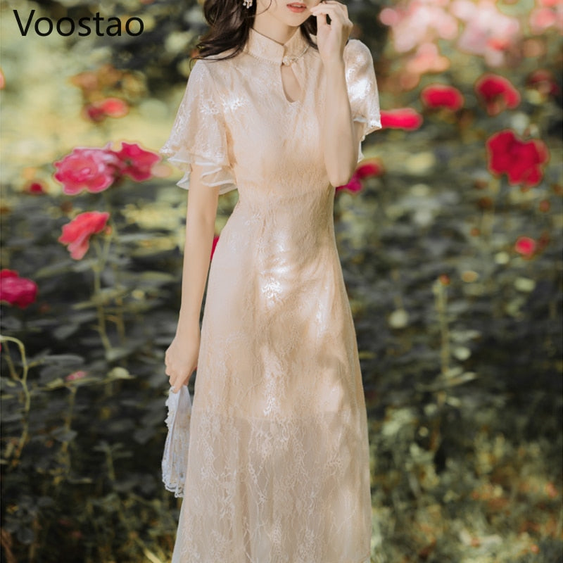 Llyge  Graduation Party Chinese Style Elegant Cheongsams Dress Traditional New Summer Women Vintage Lace Slim Qipao Dress Ladies Gentle Party Dresses