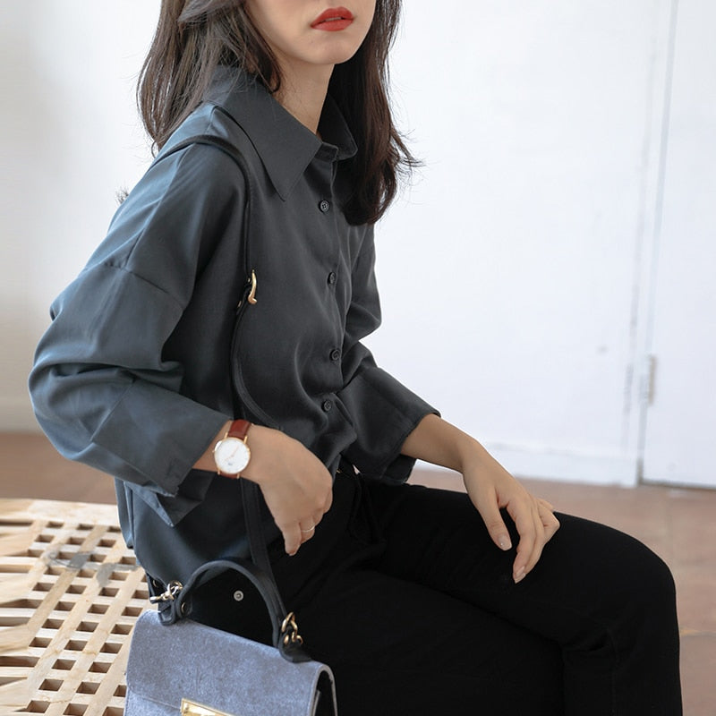 Llyge Retro Gray 2022 Spring Summer New Long Sleeve Notch Collar All-Match Blouse Coat Women Loose Casual Fashion Solid Shirts Ladies