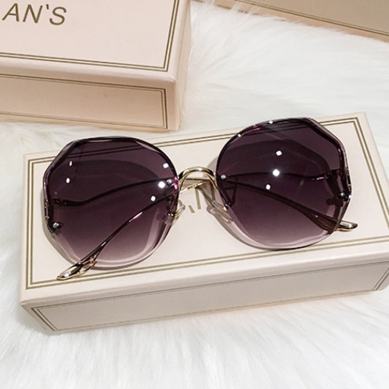 LLYGE 2023 Luxury Round Gradient Sunglasses Women Metal Curved Temples Eyewear Ocean Rimless Fashion Sun Glasses Ladies UV400