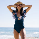 Llyge 2023 New  One Piece Swimwear Women Ruffle Print Floral Swimsuit Backless Deep-V Bathing Suit Flounce Beach Wear Monokini