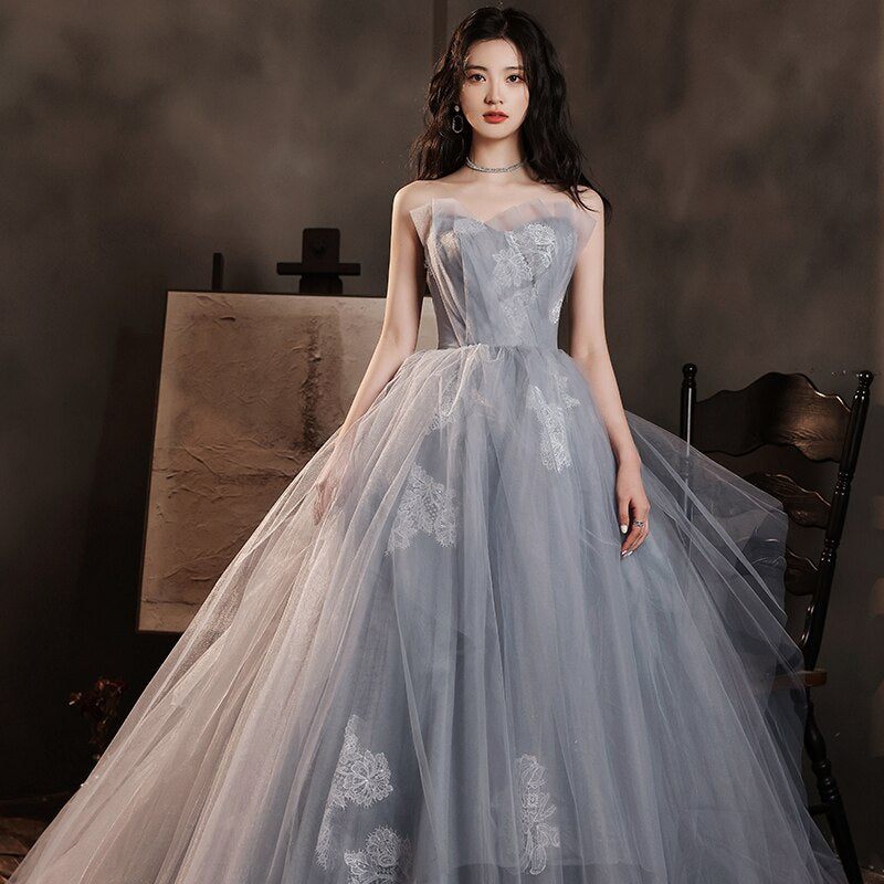 Llyge 2023 Luxury Strapless Ball Gowns Fungus Lace Appliques Evening Dresses With Sashes Bandage Trailling Long Robes De Soiree Femme Chic