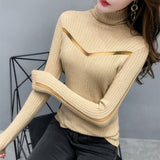 Llyge Ladies Sweaters Pullover Top Turtleneck Sweater Slim Female  Long-Sleeved Perspective Net Yarn Splicing Knitwear Bright