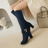 Llyge 2023 New Faux Suede Women Knee High Boots Fashion Buckle Women Square Heel Boots Autumn Winter Ladies Shoes Black Blue Wine Red