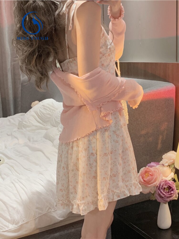 Llyge Elegant Short Party Mini Dress Women Beach Style 2 Piece Dress Sets Blouse + Floral Mini Strap Dress Korean Clothing 2022 Summer
