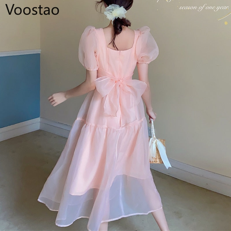 Gentle Sweet Lolita Style Dress Women Elegant Vintage Bow Lace-Up V-Neck Puff Sleeve Fairy Dress Girls Pink Party Midi Dresses