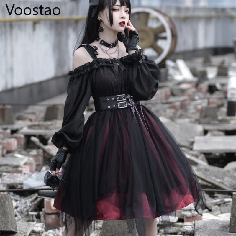 Llyge Graduation Party Vintage Gothic Lolita Dress Victorian Harajuku Girly Killer Irregular Mesh Dress Cosplay Women Kawaii Long Sleeve Party Dresses