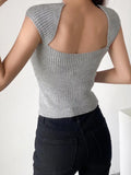 Back To School  Elegant Square Neck Ribbed Knitted Basic Tank Top Women Summer Cap Sleeve Stretch Camis New 2022 Gray Bodycon Fit Tees