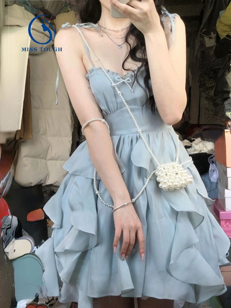 Graduation Dress Llyge Blue Strap Mini Dress Women Korea Clothing Fashion Suits Casual 2 Piece Dress Set Female Kawaill Elegant Party Dress 2023 Summer