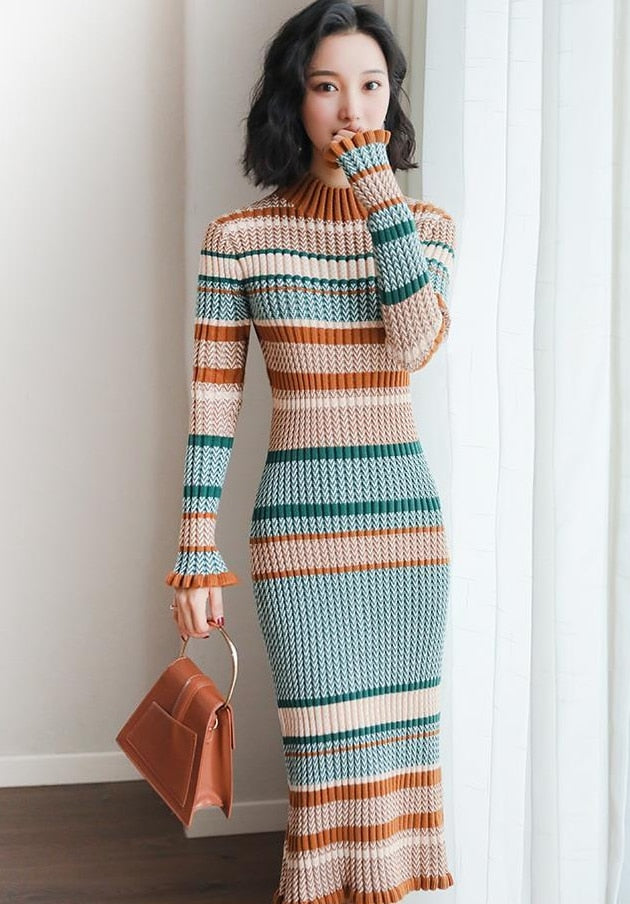 Llyge Vintage Women's Sweater Knitted One-Piece Dress Midi Bodycon Knit Dresses For Women Autumn Winter 2023 Maxi  Luxury Designer