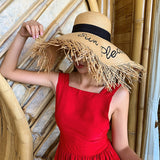 LLYGE New Style Ladies Oversized Straw Hat 18Cm Big Brim Sun Hat Embroidery Letters Wide Brim Beach Hat Women Travel Panama Cap