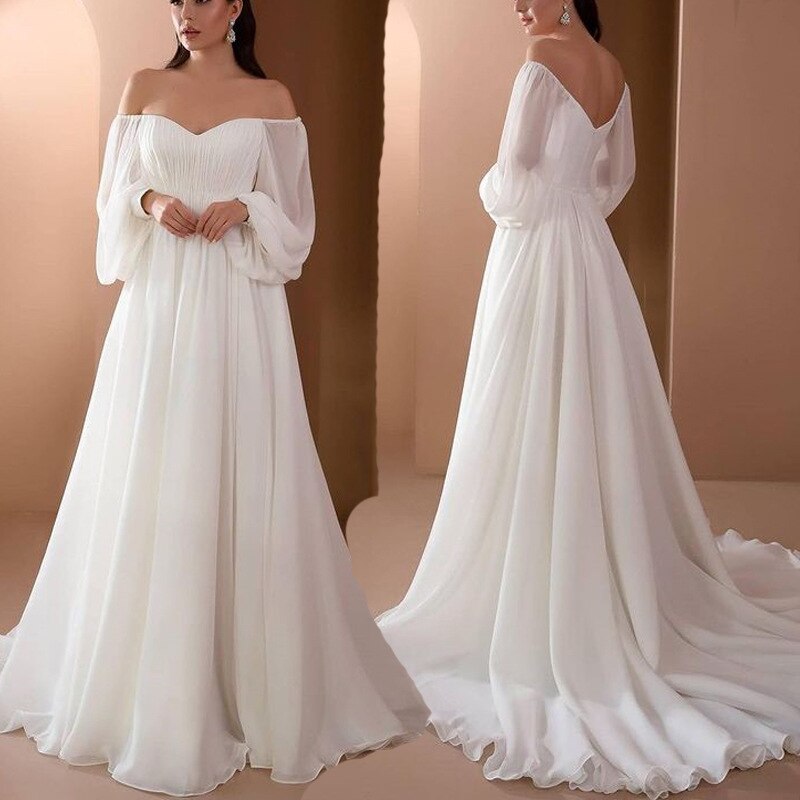 llyge  Summer Elegant Women White Chiffon Maxi Dress Off Shoulder Long Sleeve Floor Length Wedding Party Dress  Evening Long Dress
