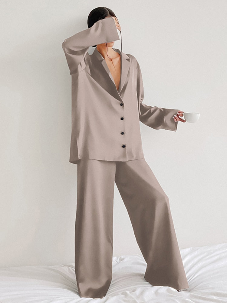 Llyge Loose Sleepwear Female 2 Piece Set Oversized Satin Turn Down Collar Long Sleeve Tops Casual Women Sets With Pants 2023