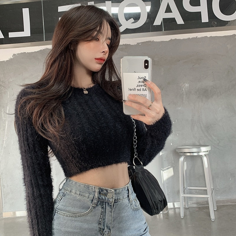 Llyge  Graduation party  Women Short Pullovers Mink Cashmere Crewneck Solid Knitted Sweater Sweet Girls Slim Fit Long Sleeve Striped Top Spring Autumn