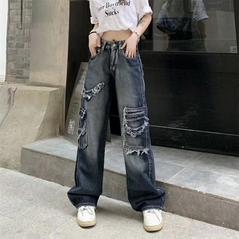 Llyge  High Waisted Straight Wide Leg Pants Denim Trousers Fairy Grunge Clothes Women Vintage Y2K Streetwear Baggy Cargo Jeans
